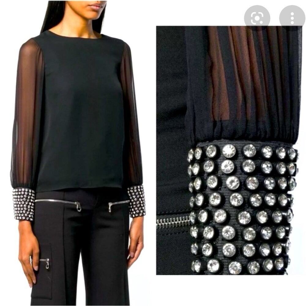 Alice + Olivia Vix Embellished Silk Blouse Black Sheer Sleeve Crystal Cuff S